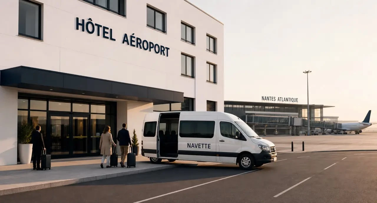 Hôtel aéroport nantes avec navette : navette devant un hôtel d’aéroport à Nantes Atlantique avec voyageurs et valises