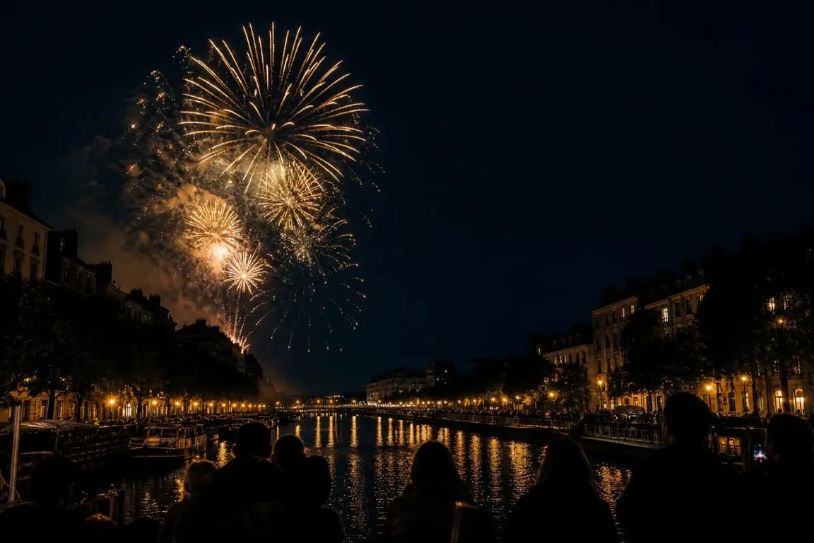 Feu d'artifice Nantes au-dessus du canal Saint-Félix de nuit