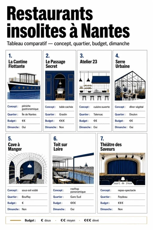 Comparatif des restaurants insolites à Nantes : concepts, budgets, quartiers et ouverture le dimanche