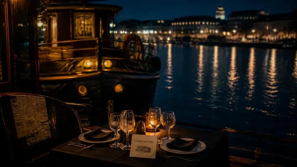Restaurant insolite nantes : table sur péniche en soirée sur l’Erdre