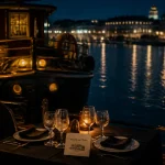 Restaurant insolite nantes : table sur péniche en soirée sur l’Erdre