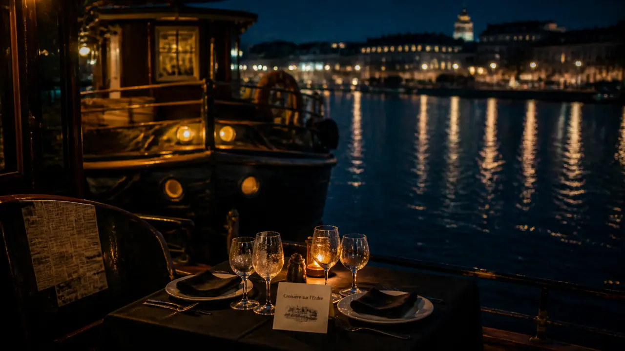 Restaurant insolite nantes : table sur péniche en soirée sur l’Erdre