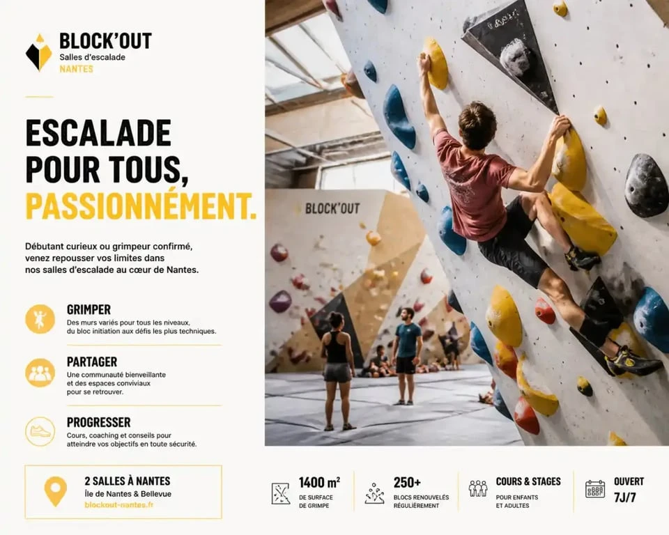 Salle d'escalade Block'Out Nantes avec des grimpeurs sur les parois de bloc