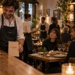 Restaurant le reflet Nantes : serveur souriant, clients assis, accueil inclusif