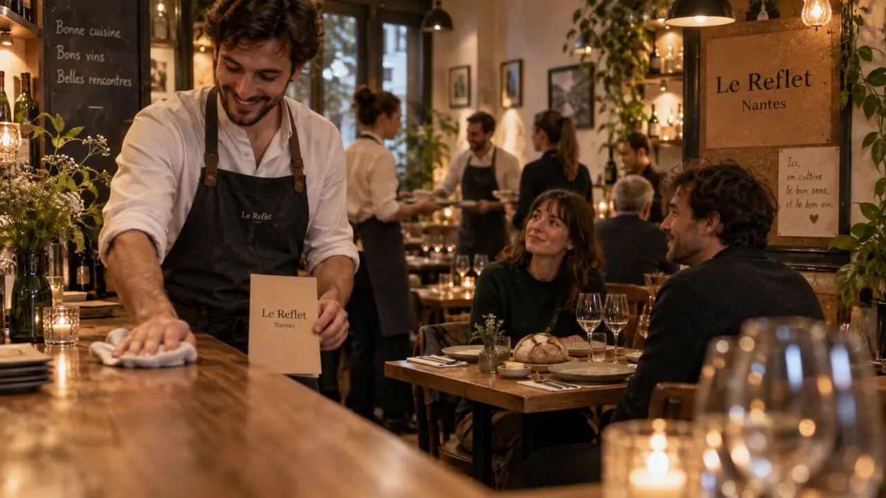 Restaurant le reflet Nantes : serveur souriant, clients assis, accueil inclusif